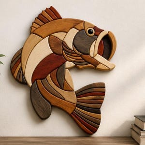 May include: A wall-mounted fish sculpture crafted from various shades of natural wood pieces. The design features a segmented, mosaic-like construction with light, medium, and dark brown tones, showcasing a fish with an open mouth and detailed fins.