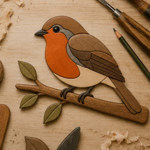 May include: A wooden marquetry bird perched on a branch, featuring a bright orange chest, brown wings, and a cream-colored belly. The bird has a small black eye and beak, with green leaves on the branch. The piece is crafted from various wood tones.