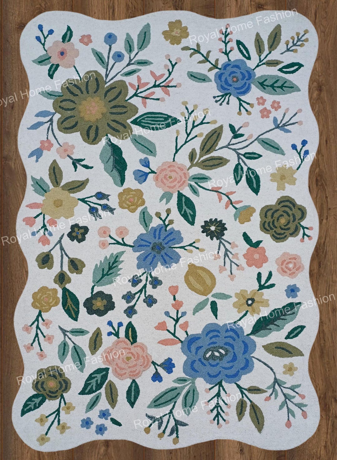 Hand-tufted Wool Scalloped Floral Area Rug, Ivory Botanical Boho Living ...