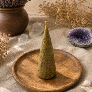 May include: A cone-shaped candle with a textured, mottled olive-green surface containing visible dried herb particles. The candle features a single centered wick at the top and is positioned upright on a round, smooth, natural-toned wooden plate.