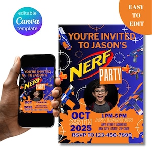 May include: A digital invitation for a Nerf-themed party, featuring a blue and orange color scheme with Nerf blasters. The invitation includes the text "You're Invited to Jason's Nerf Party" and event details. A smartphone displays the invitation.