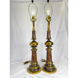 Vintage Solid Brass Table Lamp Pair Hollywood Regency Faux Wood Accent Lighting