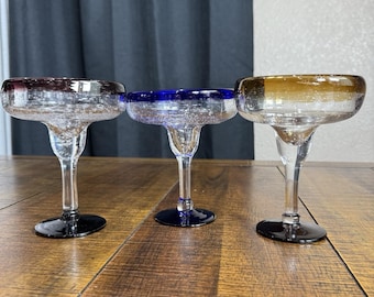 Set of 3 Thick and Heavy Hand blown Margarita Glasses Made In Mexico Tri Color