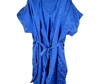 Vintage Parisian Maid Royal Blue Butterfly Satin Nightgown and Robe Set Size S