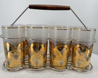 Juego de 6 vasos altos Culver MCM de oro de 22 quilates con diseño de nube y asa de madera.