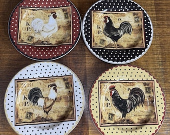 JUEGO (4) Platos de ensalada/postre de gres Sakura Table, Oneida RETRO ROOSTER de 8.25"