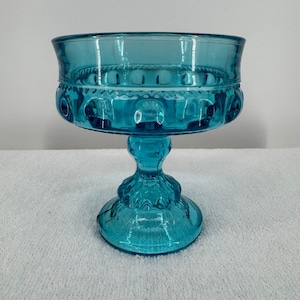Aqua Blue Indiana Glass Diamond Point Kings Crown Pedestal Candy Dish Compote