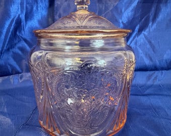 Barattolo per biscotti e coperchio vintage in vetro rosa Hazel Atlas Royal Lace, 1935, stile Depression Glass.