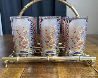 MCM Culver Imari Asian Highball Liquor Glasses 22k Gold w/Bamboo Caddy Set Of 6