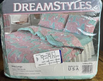 NOS Vtg 80s Key Largo Flamingo 4pc King Sheet Set By Dream Style Beach Coastal