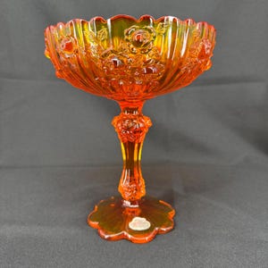 Vintage Fenton Amberina Glass Tall Footed Cabbage Rose Floral Trinket Candy Dish