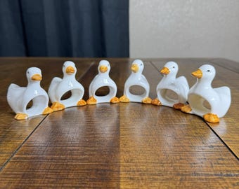 Vtg Ceramic White Duck Goose Napkin Rings Set of 6 Farmhouse Country Kitchen Lot