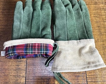 Vintage LL Bean Fireplace Glove Leather Insulated Suede Work Plaid Lined Gloves