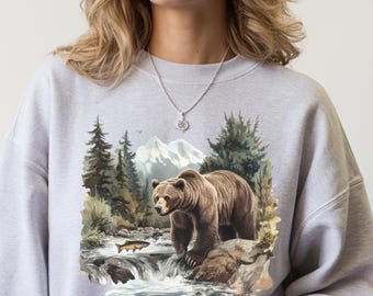 Vintage Style Retro Bear Fishing Wilderness Nineties 90s Sweatshirt Aesthetic Style , Winter sweater, Unisex Crewneck
