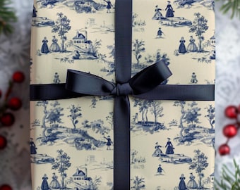French Countryside Scenes Vintage style Wrapping Paper, Navy and Cream, Antique Wrapping Paper, Elegant Christmas Gift Wrap, Presents