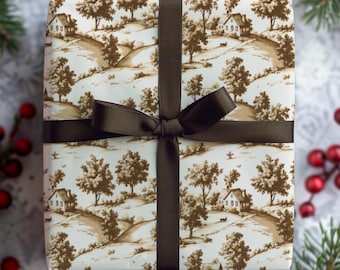 Aged Home Countryside and Trees Brown Wrapping Paper, Black, Antique Wrapping Paper, Elegant  Christmas Gift Wrap, Presents, Holiday Gifts