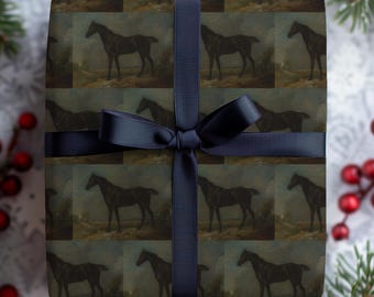 Black Horse Vintage Art Wrapping Paper Elegant Cottage Farmhouse Style Gift Wrap Christmas, Equestrian, Cottage Core, Elegant Gift Wrap