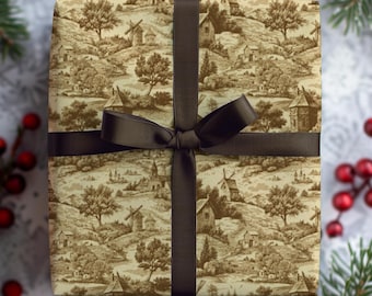 Aged Windmill Countryside Brown Wrapping Paper, Black, Antique Wrapping Paper, Elegant  Christmas Gift Wrap, Presents, Holiday Gifts