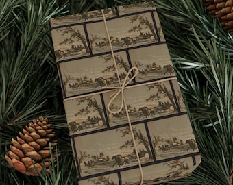 Christmas Wrapping Paper Vintage Sleigh Ride Winter Scene Art Gift Wrap