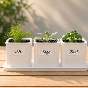 May include: Three white square ceramic planters arranged on a matching rectangular tray. Each planter features a raised label with the black printed text Dill, Sage, and Basil respectively. Each pot contains a small green herb plant in soil.
