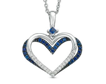Sapphire Blue Heart Pendant, Diamond Sterling Silver Necklace