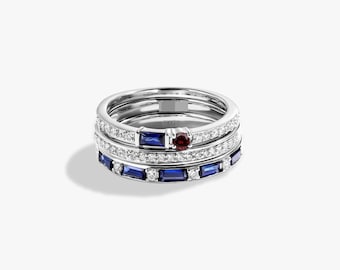 Art Deco Stackable Ring Set • 925 Silver Band with Simulated Sapphire & Ruby • Geometric Multi-Stone Wedding Ring • Minimalist Jewelry Gift