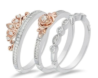 3 Ring Set Rose Flower Ring, Crown Ring & CZ Band Ring Set for Women, Stackable Elegant Jewelry | Stackable Diamond Wedding Bands