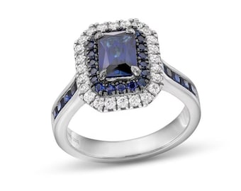 Emerald Cut Blue Sapphire Ring | Diamond Halo, 925 Sterling Silver