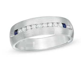 Diamond & Blue Sapphire Men's Wedding Band | Sterling Silver Ring