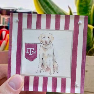 Peut inclure: Bloc acrylique transparent carr&eacute; avec une peinture &agrave; l'aquarelle d'un Labrador Retriever jaune tenant une banni&egrave;re marron avec "A&M". Le bloc a des rayures marron et blanches et est maintenu par quatre vis transparentes.