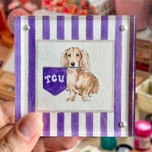 Peut inclure: Un bloc acrylique transparent avec une peinture &agrave; l'aquarelle d'un teckel tenant un fanion violet avec "TCU". Le bloc a une bordure &agrave; rayures violettes et blanches.
