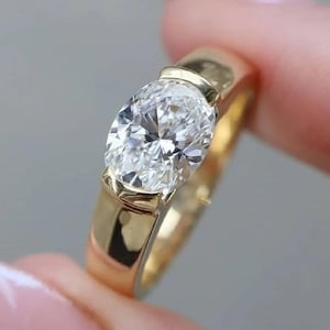 1.0CT East-West Oval Cut Half Bezel Set Ring ,Oval Solitaire Engagement Ring , Solid Yellow Gold Ring , Dainty Bridal Ring , Jewelry Gift