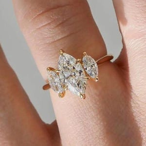 Marquise Three Stone Ring, 1.50 CT Marquise Cut Moissanite Engagement Ring, Diamond Wedding Ring, 6 Clow Prong, 14K Solid Gold Trilogy Ring.