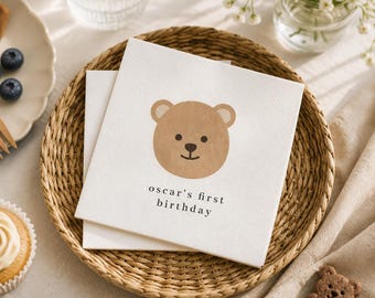 Serwetki urodzinowe dla dzieci z misiem, dekoracje na pierwsze urodziny, spersonalizowana zastawa stołowa z motywem misia, urocze serwetki na baby shower