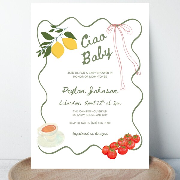 Ciao Italiaanse baby showeruitnodiging | Bewerkbare canvassjabloon | Rustieke mediterrane 5 x 7 digitale download
