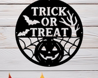 Trick or Treat Halloween Metal Sign: Pumpkin & Bat Porch Decor