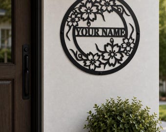 Custom Metal Name Sign with Cherry Blossoms, Personalized Round Floral Wall Decor