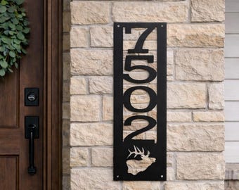 Custom Metal House Address Sign with Elk, Vertical Outdoor Steel Address Plaque
