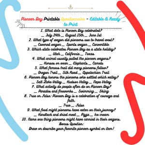 Pioneer Day Printable Questionnaire – Fun LDS Activity Worksheet for Kids & Families – Instant Download PDF