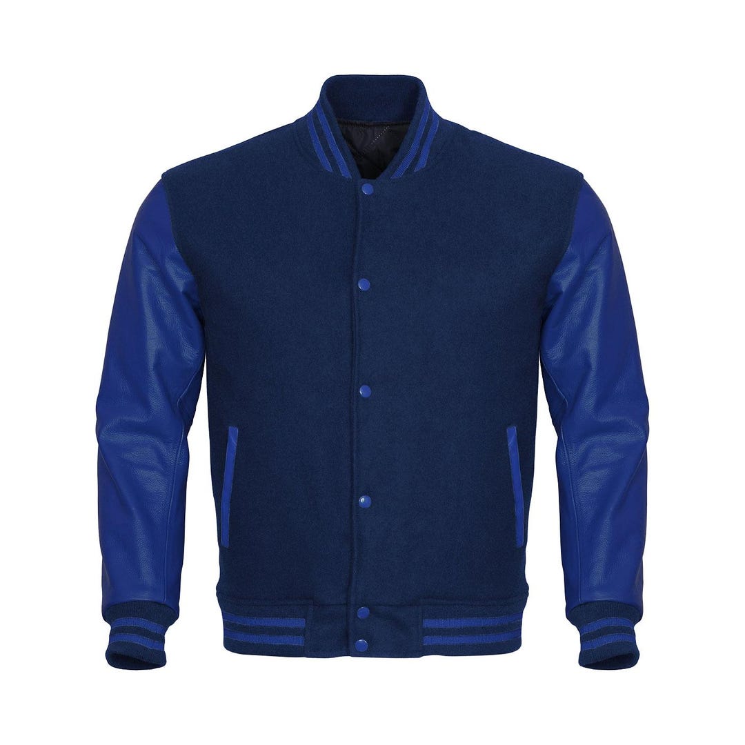 Mens Varsity Letterman Dark Blue Body Blue Leather Sleeves