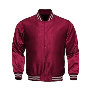Mens Varsity Letterman Maroon Body Maroon Sleeves Satin Jacket Baseball Jacket Team Varsity Jacket