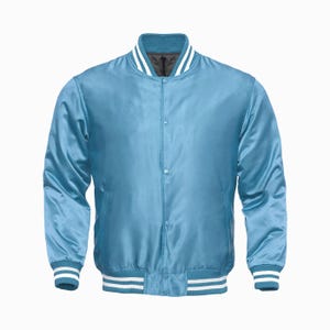 Mens Varsity Letterman Sky Blue Body Sky Blue Sleeves Satin Jacket Baseball Jacket Team Varsity Jacket