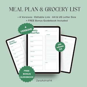 Weekly Meal Planner with Grocery List Printable Template, Food Planner, 7 Day Menu Plan, Health & Fitness, A4/Letter size, Editable PDF