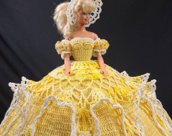 Yellow, crochet barbie gown, "daffodil", months of the year, May, ballgown, antebellum