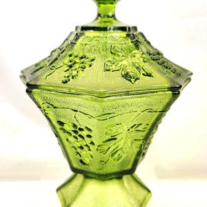 green glass, anchor hocking, grapes, octagonal, covered dish