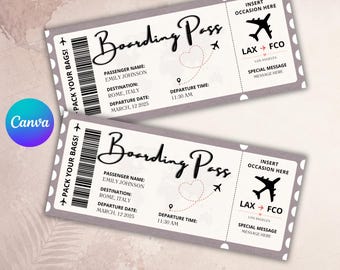 Editable Boarding Pass Template, Canva Boarding Pass Surprise Trip, Printable Boarding Ticket, Customizable Plane Ticket Gift