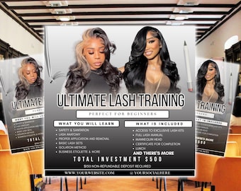 Flygblad för franskurs, kurs i fransteknik, Canva-mall, kurs i fransförlängning, gör-det-själv-Canva-mall, fransflyer, flygblad för mästarklass för skönhetsutbildning.