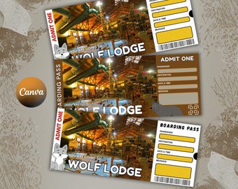 Redigerbar Wolf Lodge-biljett, överraskningspresentbiljett, utskrivbar vattenparksmall för resa, redigerbar semesterbiljett, redigerbar Canva-mall