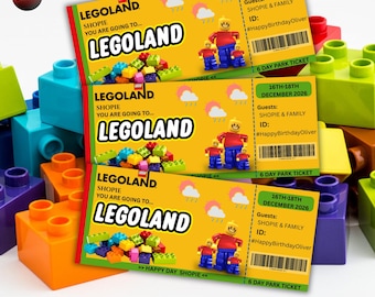 Mall för överraskning med Legoland-biljett, redigerbar Canva-reseavslöjning, presentkort för temapark, överraskning för födelsedagsresor, utskrivbar biljett