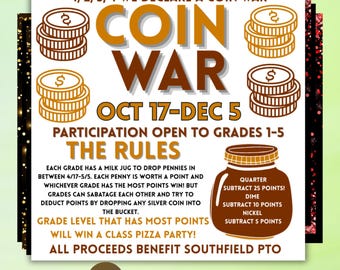 Redigerbar mall för myntkrigsflyer | Utskrivbar julinsamling | Välgörenhetsevenemang för skolan | Skylt för klassrumstävling